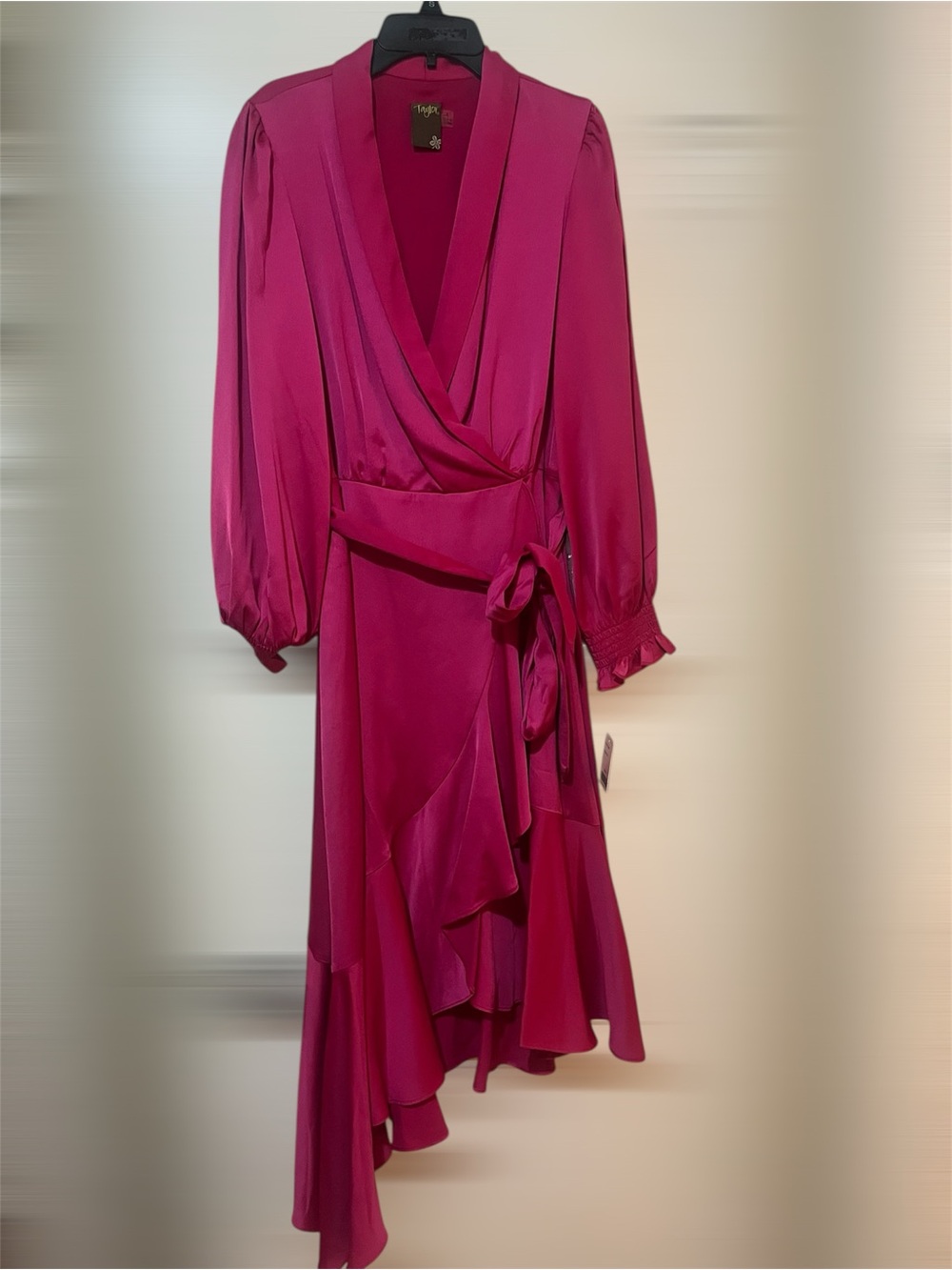 Taylor Fuchsia Wrap Dress with Ruffle High-Low Hem